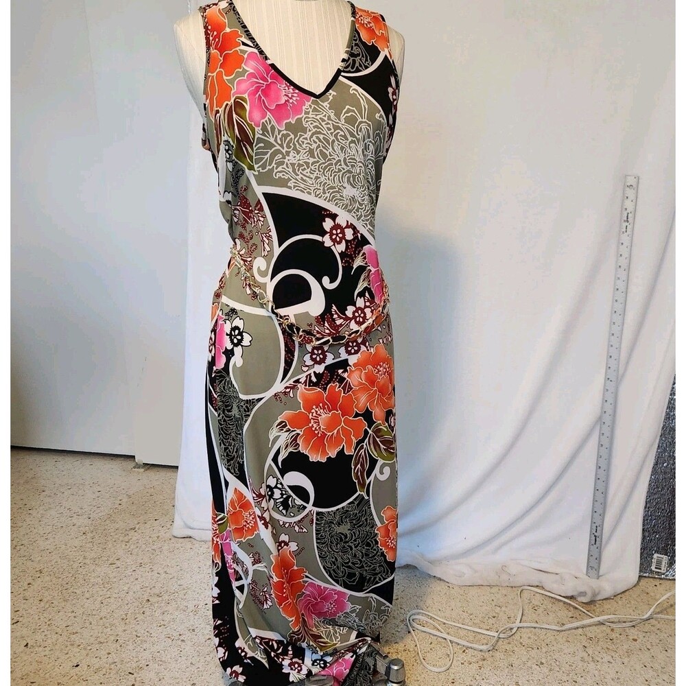 Cache Women's Sz M Sleeveless Tropical Tank Maxi Stretch Dress w/ Chain Belt